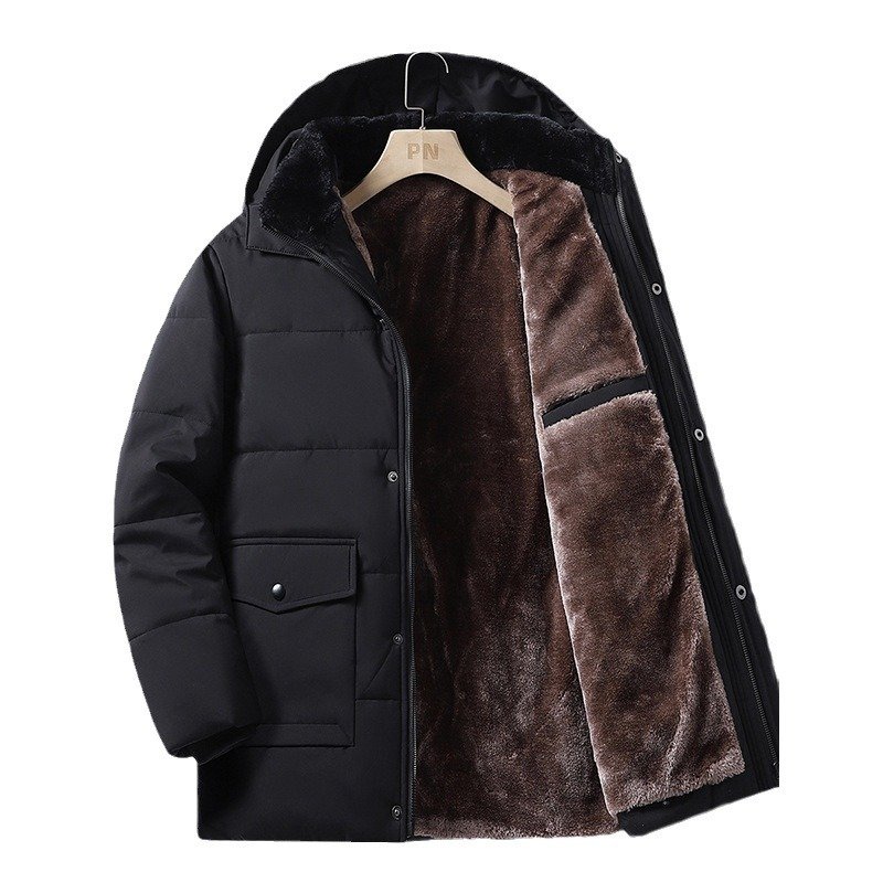 557326179 Coat men's winter new style with added velvet and thickened warm cotton clothing, business and leisure mid length hooded plus size men's cotton clothing - Image 4
