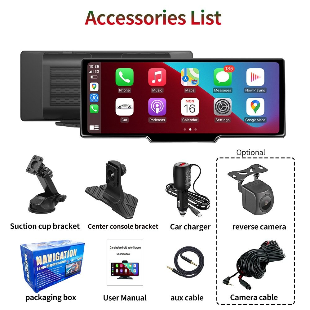 556955176 10.26-inch Portable Car Central Control Smart Screen with Wireless CarPlay, Android Auto, Bluetooth, and AHD Backup Camera - Image 3