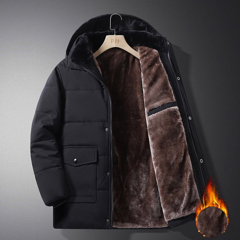 557326176 Coat men's winter new style with added velvet and thickened warm cotton clothing, business and leisure mid length hooded plus size men's cotton clothing