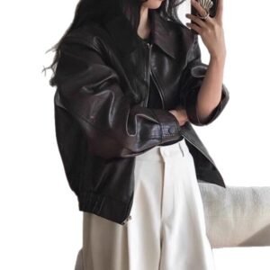 Retro Style Black Leather Jacket for Women, Loose Fit Casual Short Biker Top