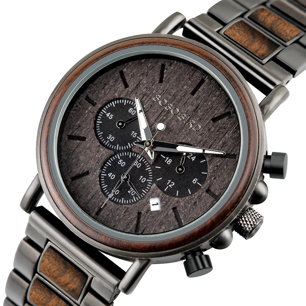 557045470 BOBO BIRD Wood Men Watch Relogio Masculino Top Brand Luxury Stylish Chronograph Military Watches Timepieces in Wooden Gift Box - Image 10