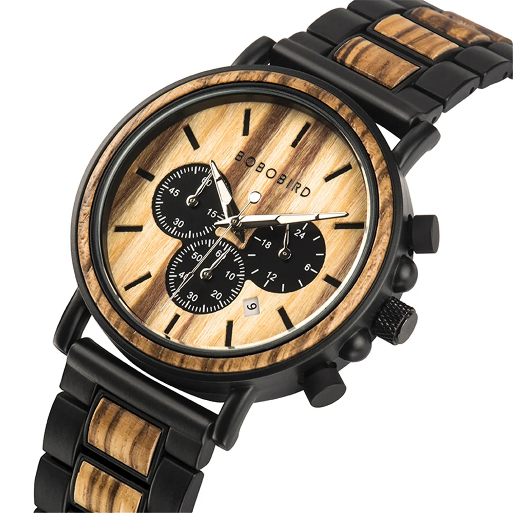 557045467 BOBO BIRD Wood Men Watch Relogio Masculino Top Brand Luxury Stylish Chronograph Military Watches Timepieces in Wooden Gift Box - Image 7