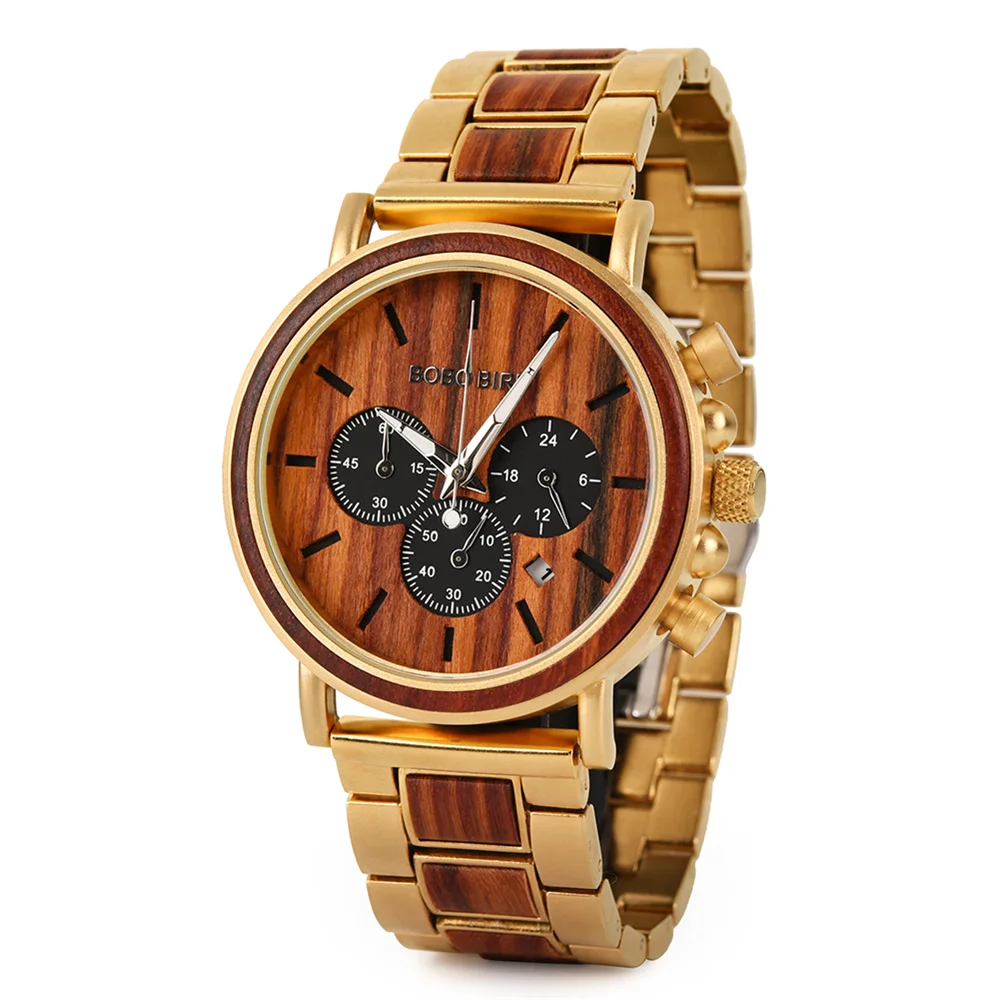 557045469 BOBO BIRD Wood Men Watch Relogio Masculino Top Brand Luxury Stylish Chronograph Military Watches Timepieces in Wooden Gift Box - Image 9