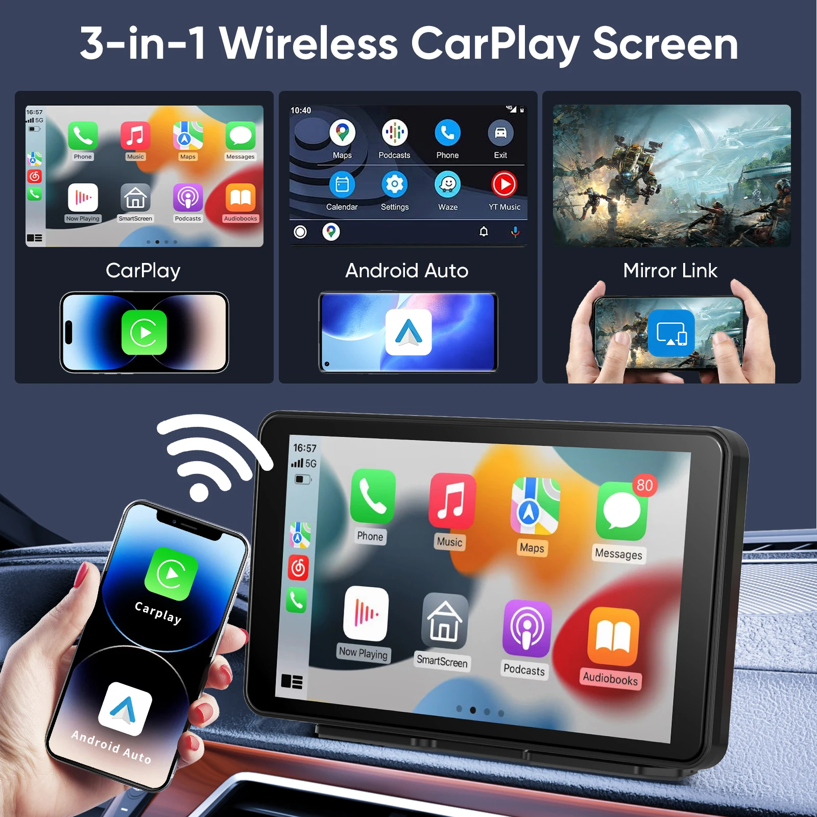 557399714 Pionray 7/10 inches android auto Universal Portable CarPlay for Car Screen Car Radio Video Wireless Carplay Screen for Apple - Image 3