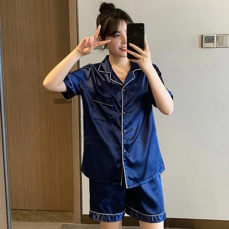 557107799 Solid Color Sleepwear Silk Satin Pajamas Couple Set Short-sleeved Pyjamas Suit Pijama Women Men Loungewear Plus Size Pj Set - Image 18