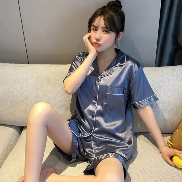 557107801 Solid Color Sleepwear Silk Satin Pajamas Couple Set Short-sleeved Pyjamas Suit Pijama Women Men Loungewear Plus Size Pj Set - Image 20