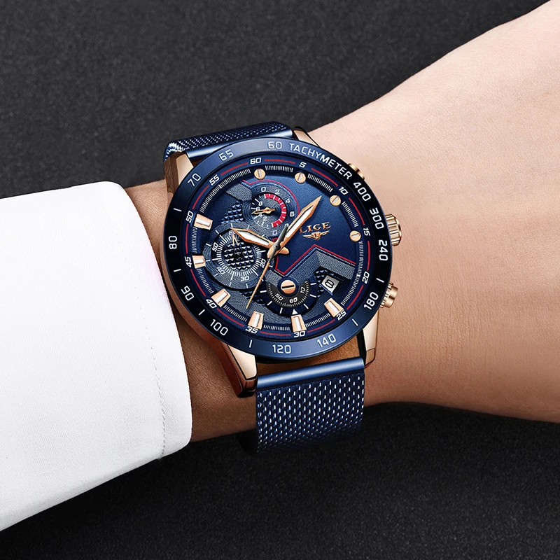 556967110 LIGE Top Brand Luxury Quartz Man Watch Fashion Business Mesh Belt Watch for Men Waterproof Luminous Wristwatch Chronograph Clock - Image 6