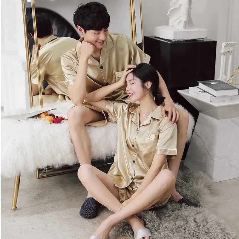 557107784 Solid Color Sleepwear Silk Satin Pajamas Couple Set Short-sleeved Pyjamas Suit Pijama Women Men Loungewear Plus Size Pj Set - Image 3