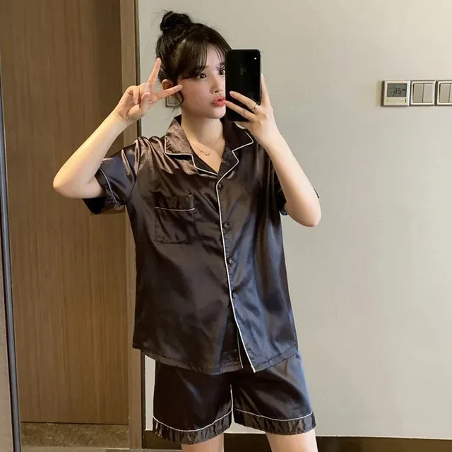 557107803 Solid Color Sleepwear Silk Satin Pajamas Couple Set Short-sleeved Pyjamas Suit Pijama Women Men Loungewear Plus Size Pj Set - Image 22