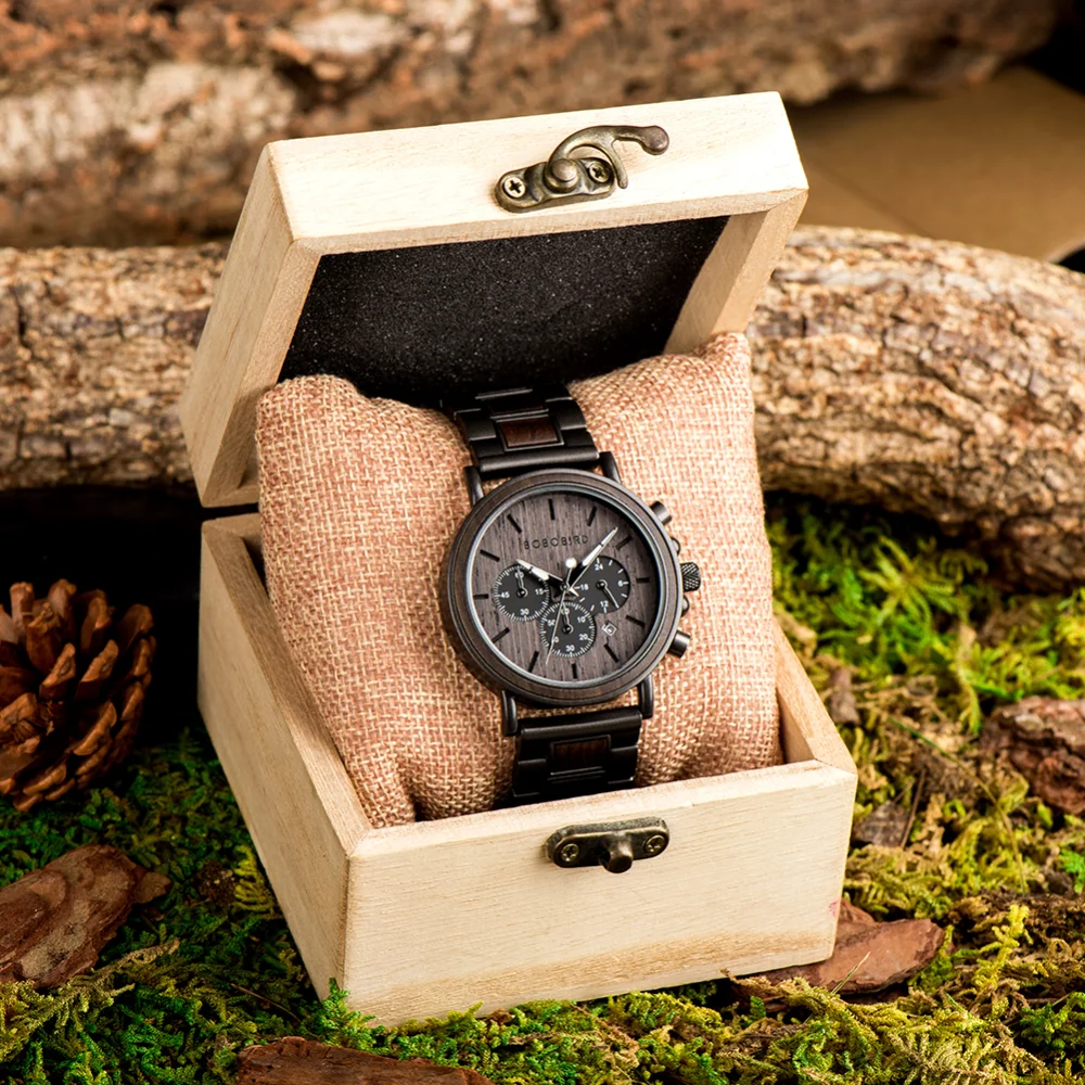 557045466 BOBO BIRD Wood Men Watch Relogio Masculino Top Brand Luxury Stylish Chronograph Military Watches Timepieces in Wooden Gift Box - Image 6