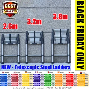 Ladders Extendable Telescopic 2.6M-5M Heavy Duty Multi Purpose Straight Loft Ladder Portable Folding Stainless Steel Ladder Tool