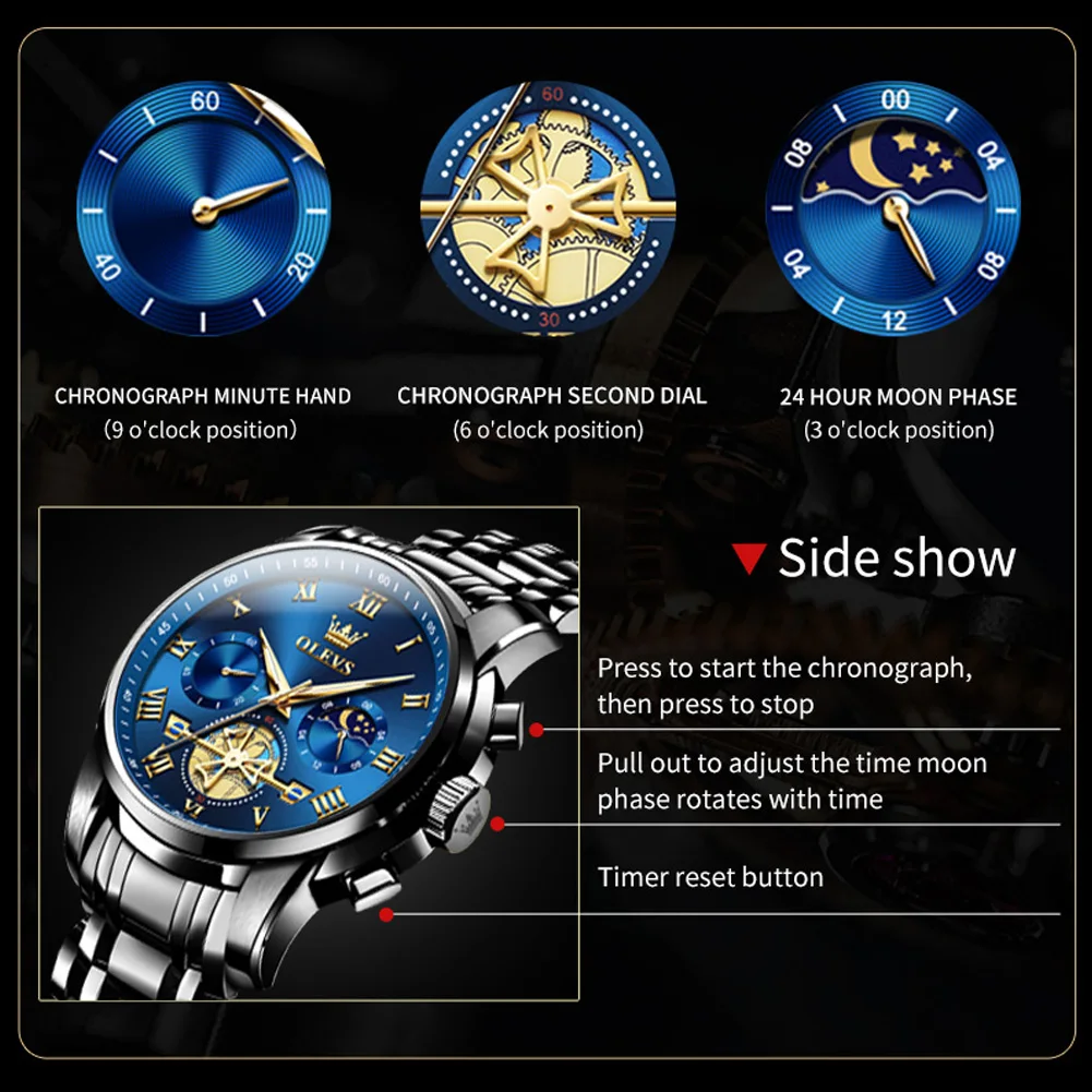 556975579 OLEVS 2859 Flywheel Design Man Watch 24 hour Moon Phase Chronograph Waterproof Luminous Multifunction Men's Quartz Wristwatches - Image 4