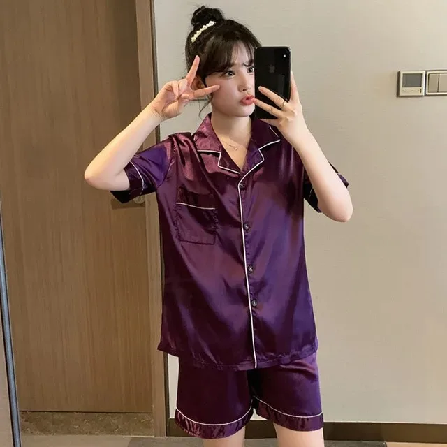 557107788 Solid Color Sleepwear Silk Satin Pajamas Couple Set Short-sleeved Pyjamas Suit Pijama Women Men Loungewear Plus Size Pj Set - Image 7