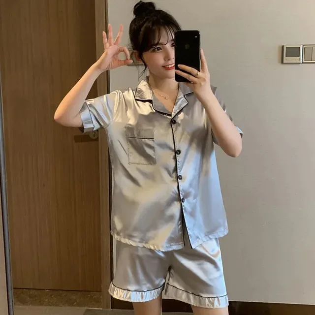 557107806 Solid Color Sleepwear Silk Satin Pajamas Couple Set Short-sleeved Pyjamas Suit Pijama Women Men Loungewear Plus Size Pj Set - Image 25