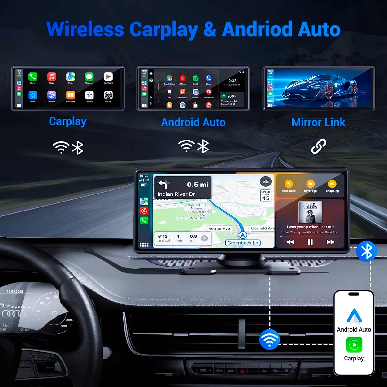 557399713 Pionray 7/10 inches android auto Universal Portable CarPlay for Car Screen Car Radio Video Wireless Carplay Screen for Apple - Image 2