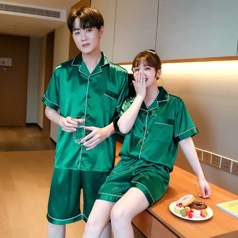 557107787 Solid Color Sleepwear Silk Satin Pajamas Couple Set Short-sleeved Pyjamas Suit Pijama Women Men Loungewear Plus Size Pj Set - Image 6